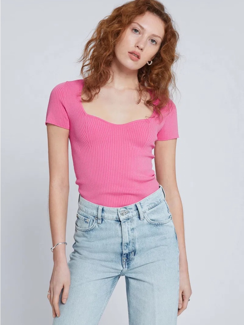 & Other Stories Sweetheart Ribbed Short Sleeve Tee in Bright Pink